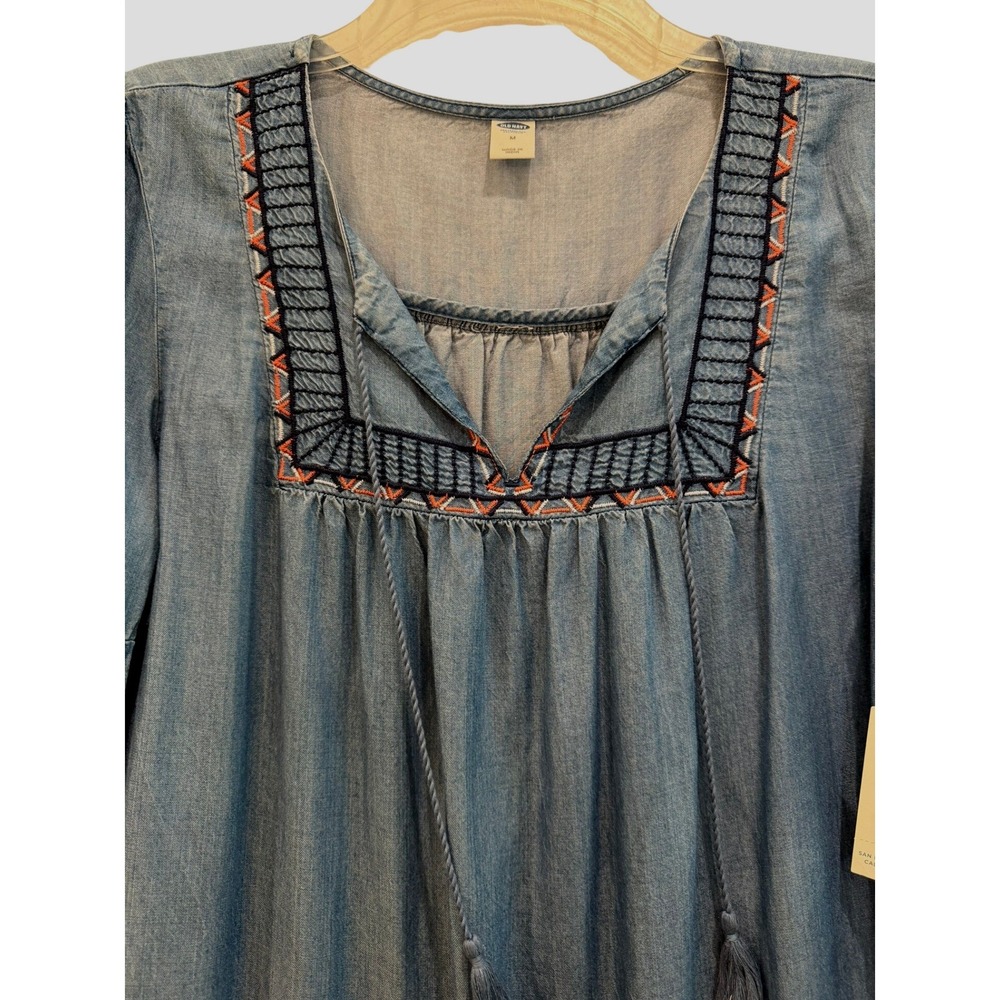 Old Navy Womens Blue Chambray Embroidered Boho Shift Dress Lyocell Medium New - Picture 3 of 7